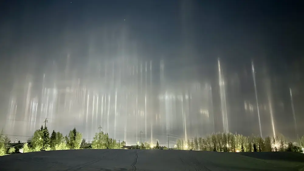 1. Cindy Bravo saw these light pillars in Fairbanks as she was walking her dog Slick through Bernice Allridge Park on Nov. 11, 2025. Photo by Cindy Bravo.