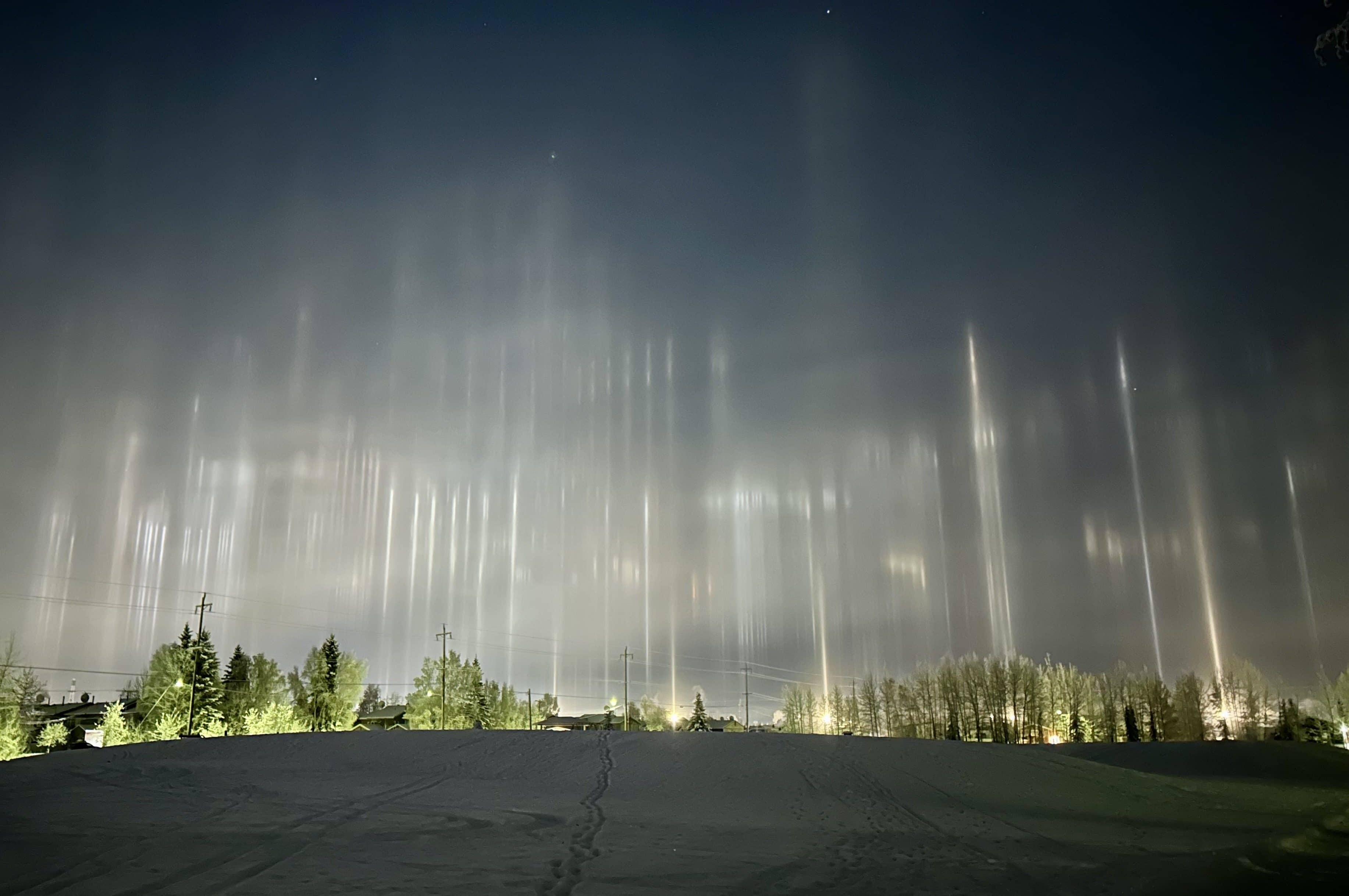1. Cindy Bravo saw these light pillars in Fairbanks as she was walking her dog Slick through Bernice Allridge Park on Nov. 11, 2025. Photo by Cindy Bravo.