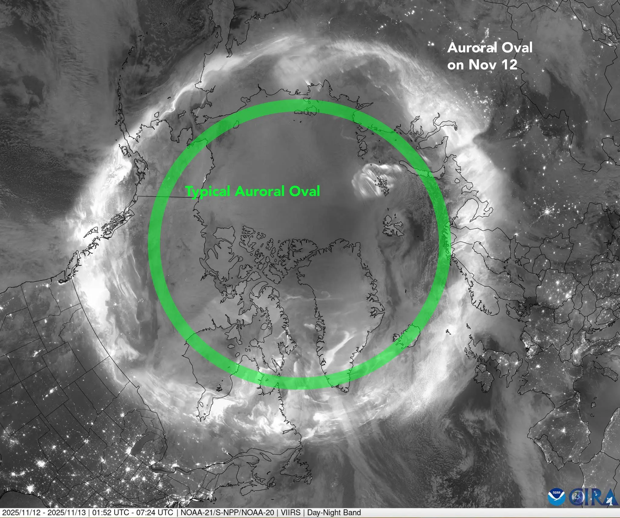 This mosaic image shows combined passes from NOAA 21, Suomi NPP, and NOAA 20 satellites. All show the auroral oval during the geomagnetic storm of Nov. 11-12, 2025. Vincent Ledvina, a graduate student researcher at the UAF Geophysical Institute, added the typical auroral oval to the image before posting it to his Facebook page (Vincent Ledvina — The Aurora Guy). Image by National Oceanic and Atmospheric Administration and Vincent Ledvina.