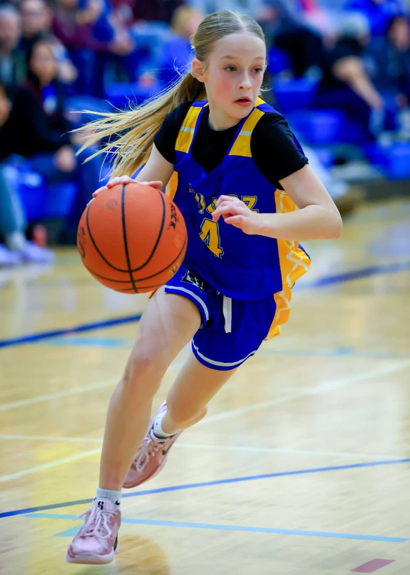 Mary Gilson drives to the bucket during GMS tournament. Photo by Joe Prax, Nov 2025jpg