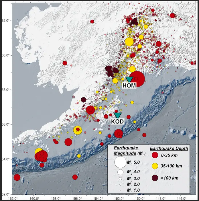 The figure shows the approximately 2,700 earthquakes that occurred in Southcentral Alaska between Sept. 10 and Nov. 12, 2025