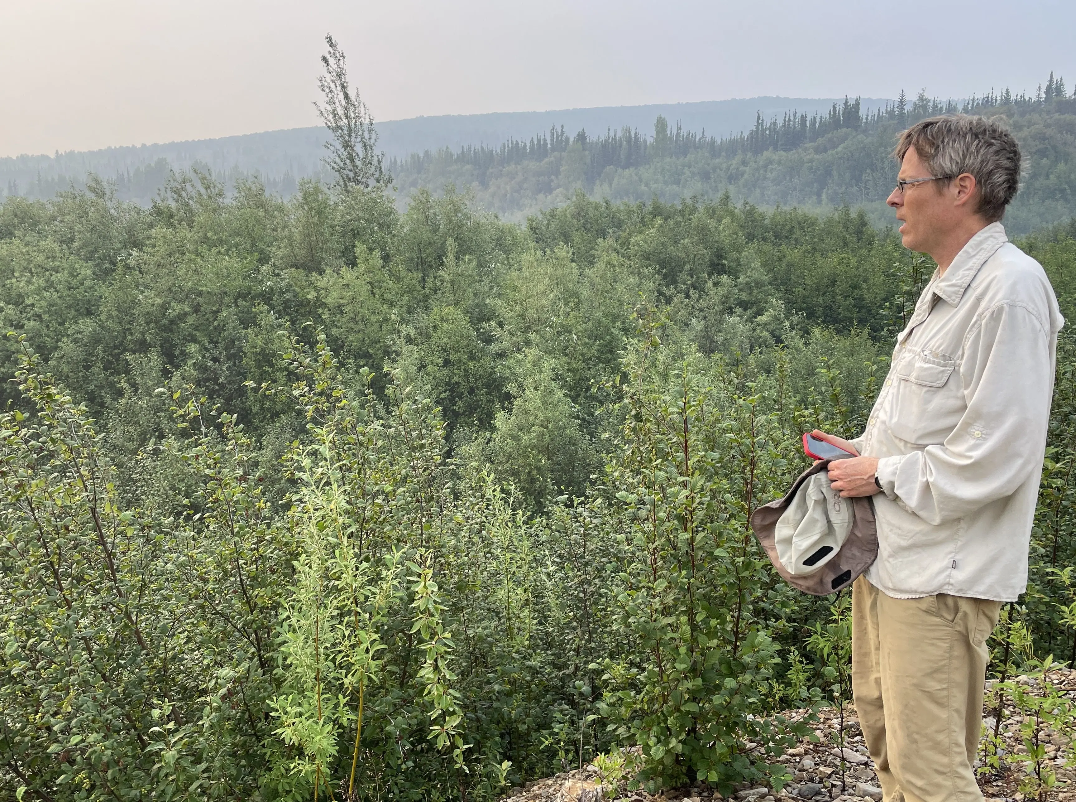 Seismologist Carl Tape stands at the site of Dome City in summer 2025. Dome City ghosted out many years ago, but not before miners unearthed many fossils, some of which they donated to the University of Alaska. Photo by Ned Rozell.