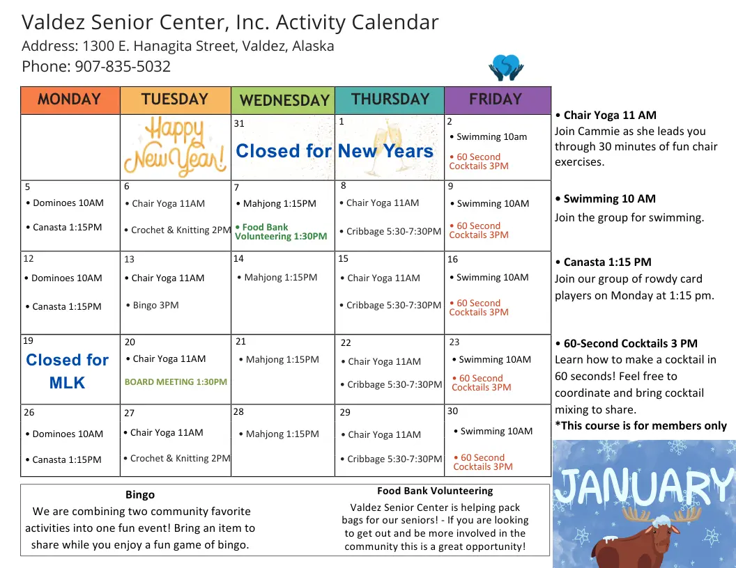 Valdez Senior Center January Calender 2026