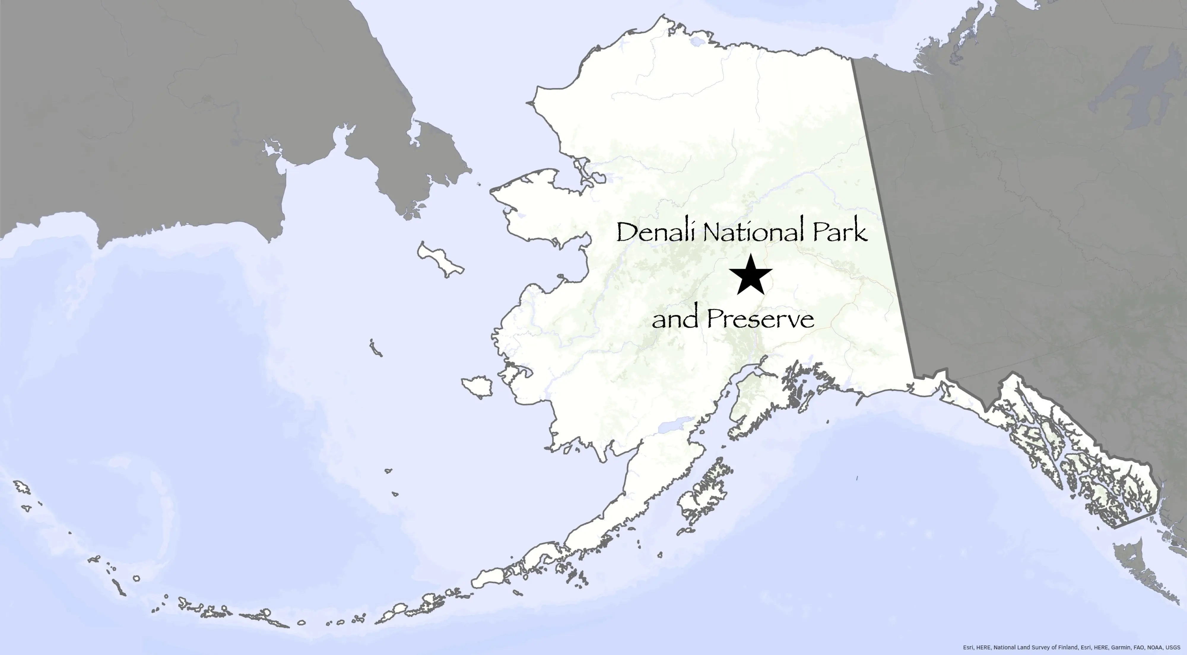 Denali National Park identified on a map of Alaska