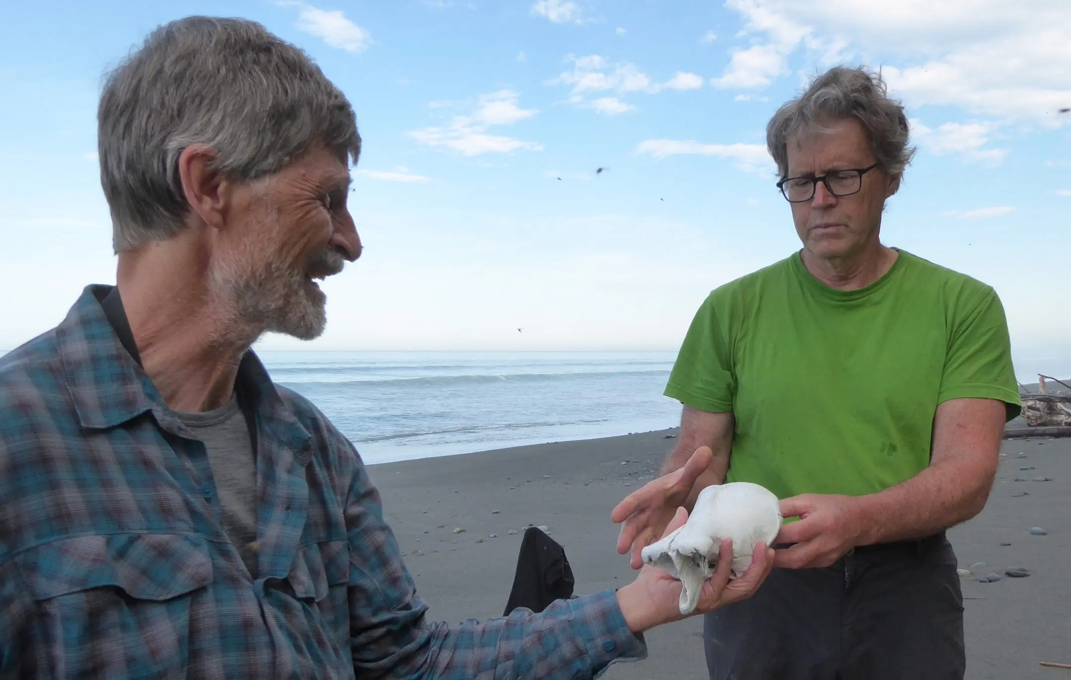 Dan Mann, right, ponders a bone of a marine mammal handed to him by his friend Lewis Sharman on the Southeast Alaska coast. Photo by Ned Rozell.