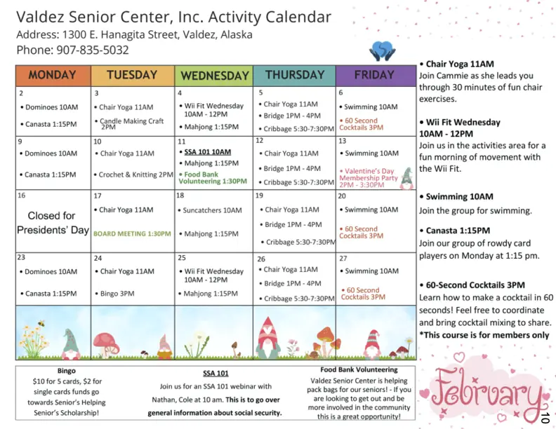 Valdez Senior Center February 2026 Calendar