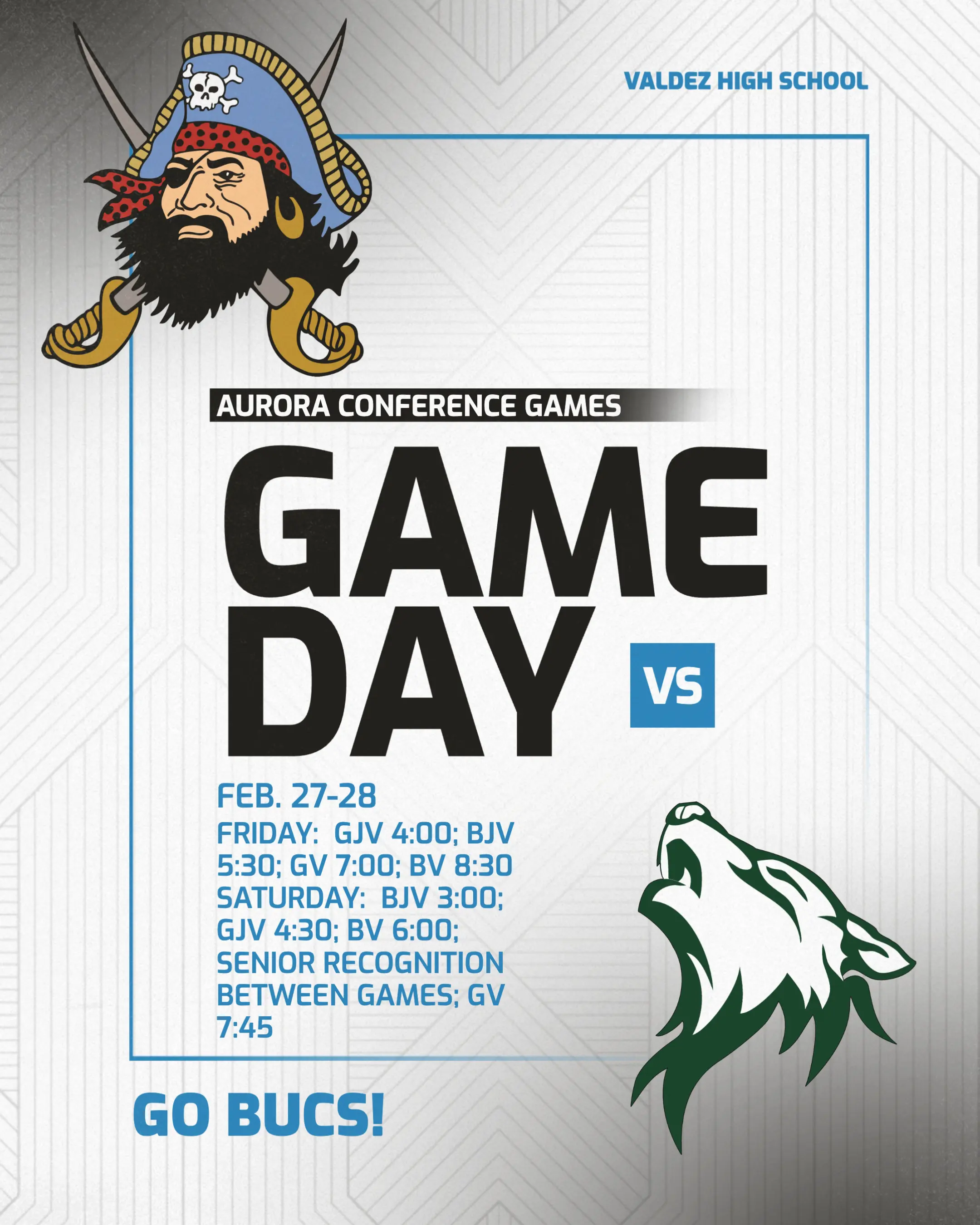 Aurora Conference Games at Home Friday: Girls JV 4pm, Boys JV 5:30pm, Girls Varsity 7pm, Boys Varsity 8:30pm Saturday: Boys JV 3pm, Girls JV 4:30pm, Boys Varsity 6pm, Senior Recognition between games, Girls Varsity 7:45pm