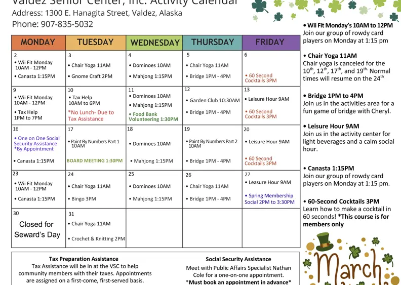 Valdez Senior Center March Calendar 2026