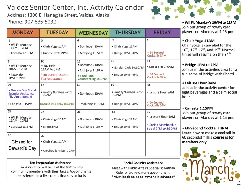 Valdez Senior Center March Calendar 2026