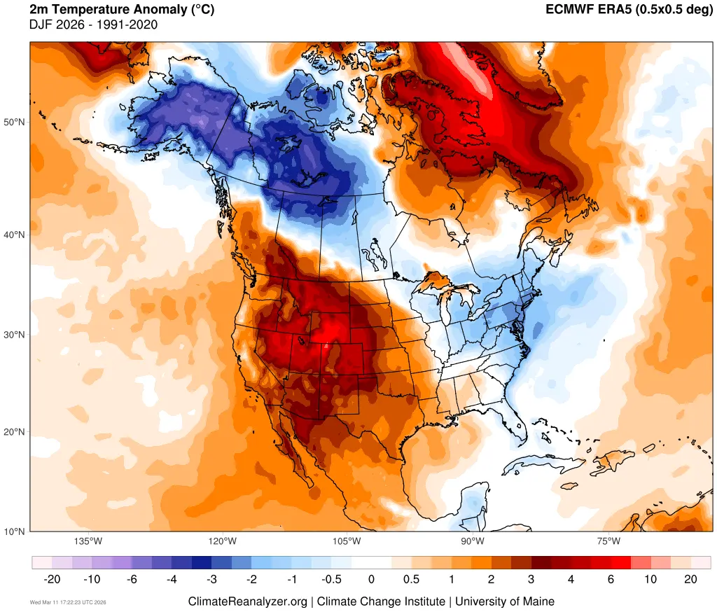 3. A graphic shows the winter of 2025-2026 (December-February) temperature anomaly in which a stalled jet stream flow of air made some areas of the country warmer than usual, some colder. Courtesy of Martin Stuefer, UAF Alaska Climate Research Center.