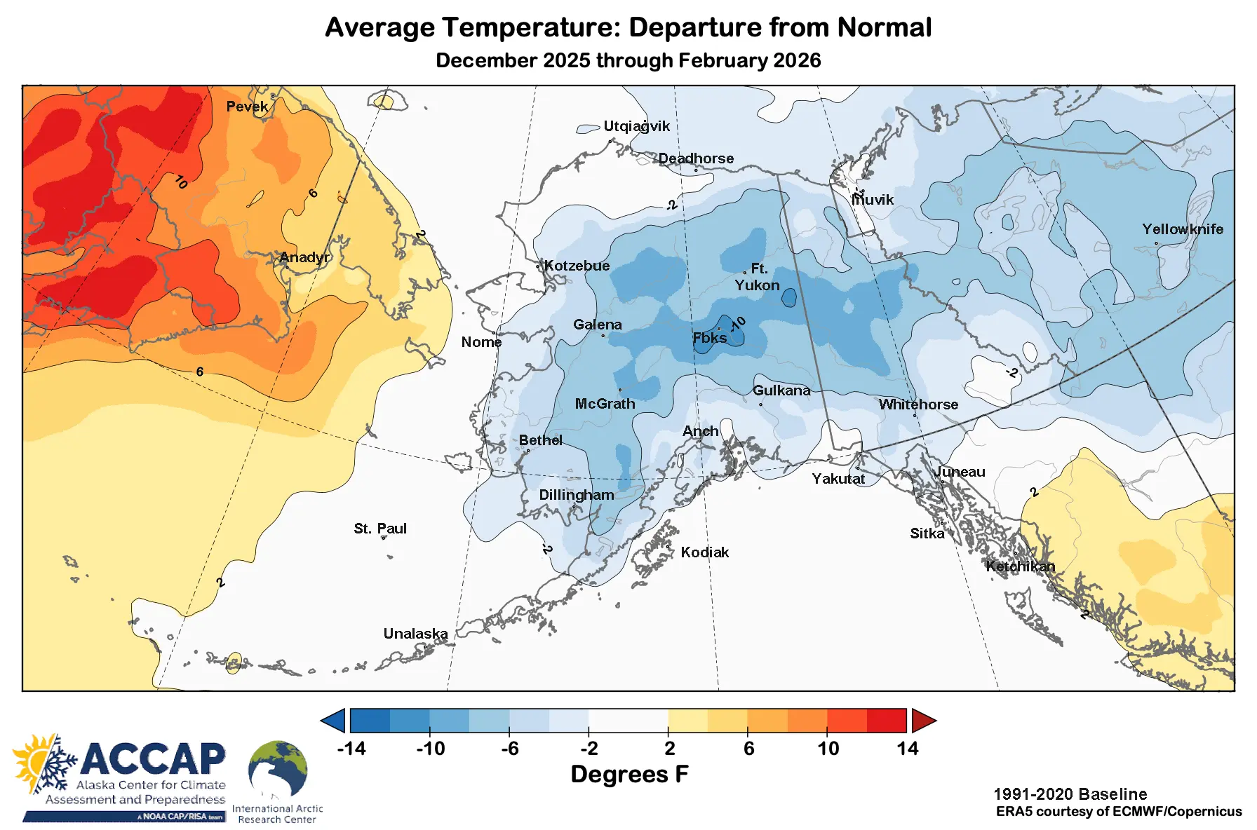 4. Rick Thoman of the Alaska Center for Climate Assessment and Preparedness created this Alaska-centric graphic of how cold Alaska has been compared to long-term records. “Note that the bulls-eye of cold is exactly over our town,” he wrote.