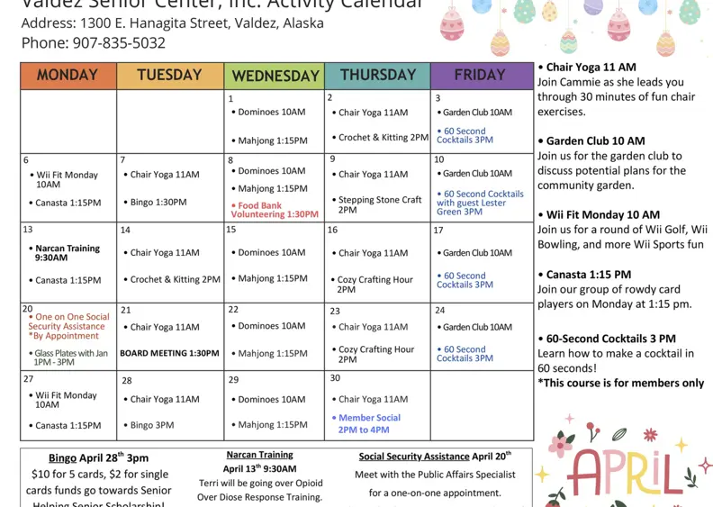 Valdez Senior Center April 2026 Calendar