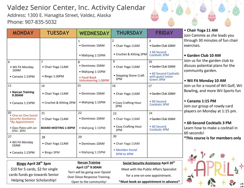 Valdez Senior Center April 2026 Calendar