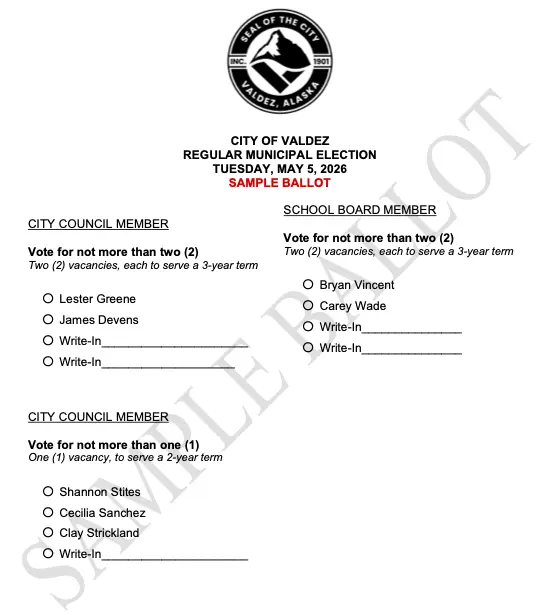 City of Valdez Sample Ballot for May 5, 2026 election