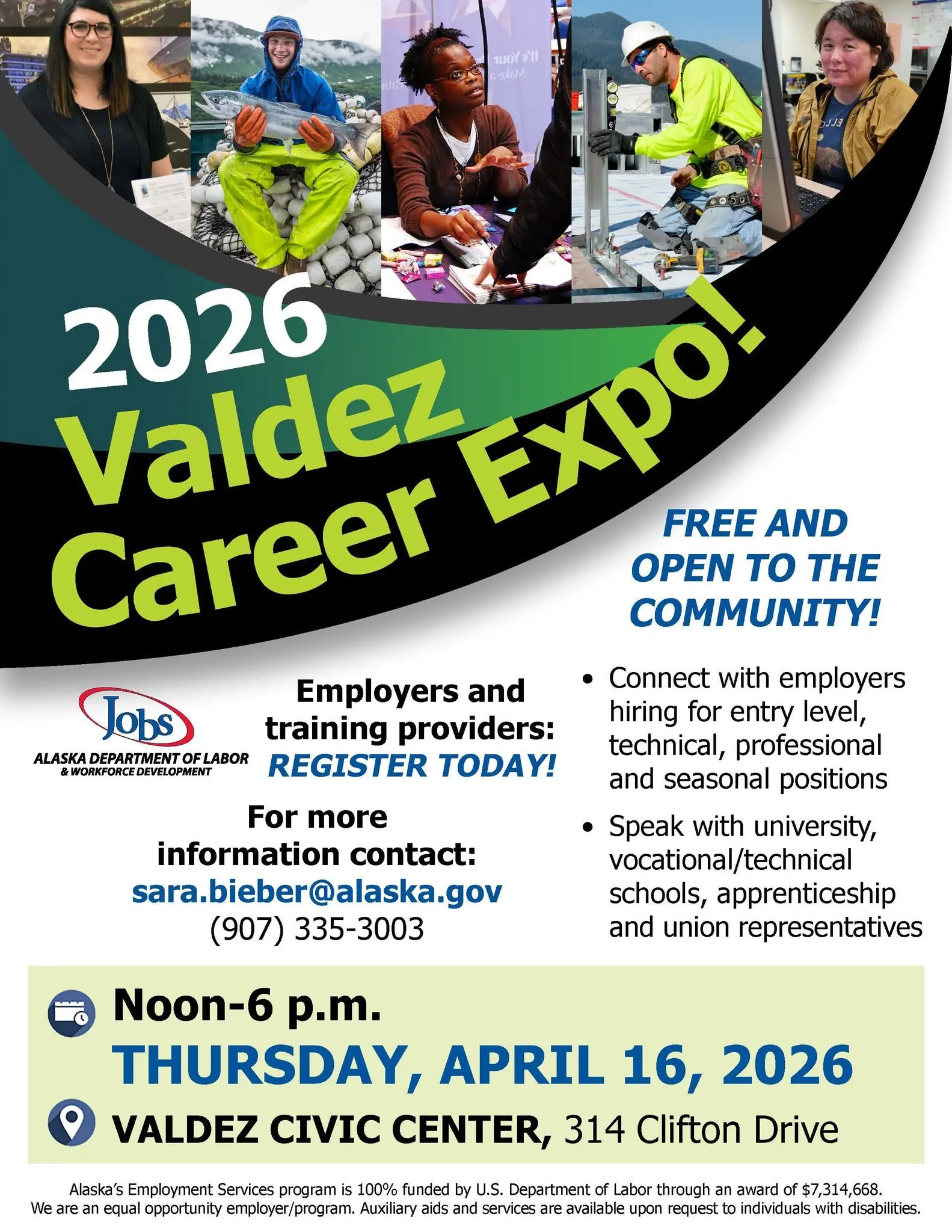 Valdez Career Expo 2026 flyer, Thursday April 16th at the Valdez Civic Center