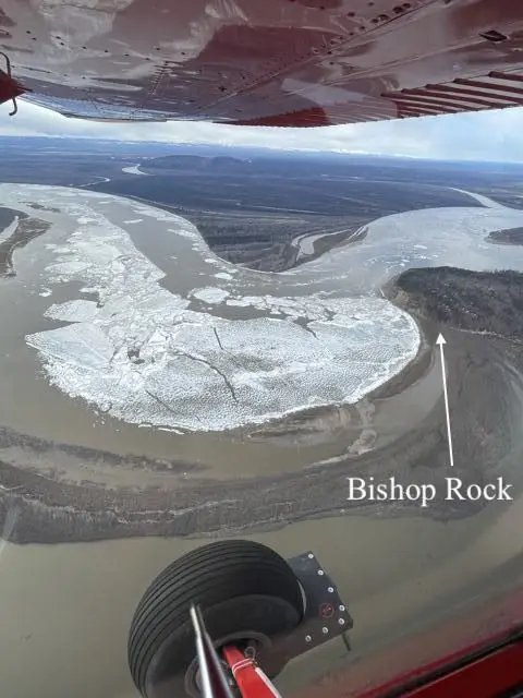 Bishop Rock juts into the Yukon River in this photo taken by a National Weather Service observer on May 12, 2024. Photo courtesy National Weather Service.