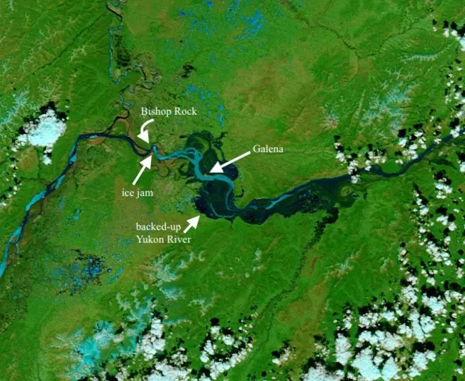 NASA’s Terra satellite captured this image of the flooded Yukon River on May 28, 2013. An ice jam at Bishop Rock backed water into the village of Galena, swamping much of the town with 7 feet of water for several days. NASA image courtesy LANCE MODIS Rapid Response.