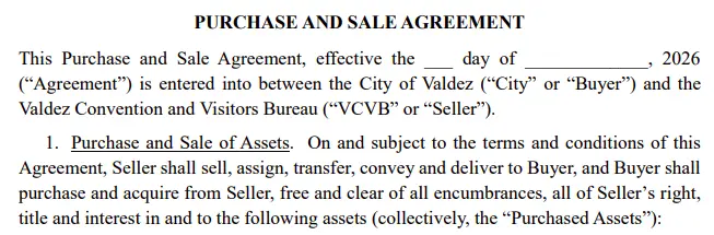 The Agenda for this Tuesday's City Council meeting includes Approving Purchase and Sale Agreement Between the City of Valdez and the Valdez Convention and Visitors Bureau.