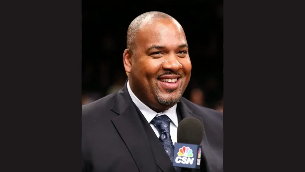 Former Chicago Bulls center Stacey King before a game at Barclays Center on April 22^ 2013 in Brooklyn^ New York.