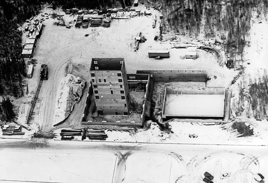Construction continues on the Elvey Building, circa 1968. The tall column in the middle is the shaft for elevators, a fire escape stairway and access to utilities for each of the building's eight floors. Photo from Geophysical Institute archives
