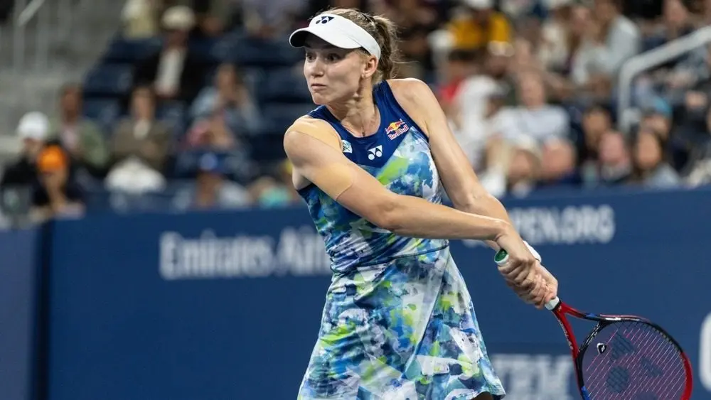 Elena Rybakina of Kazakhstan returns ball during 3rd round against Sorana Cirstea of Romania at the US Open Championships at Billie Jean King Tennis Center in New York on September 1^ 2023