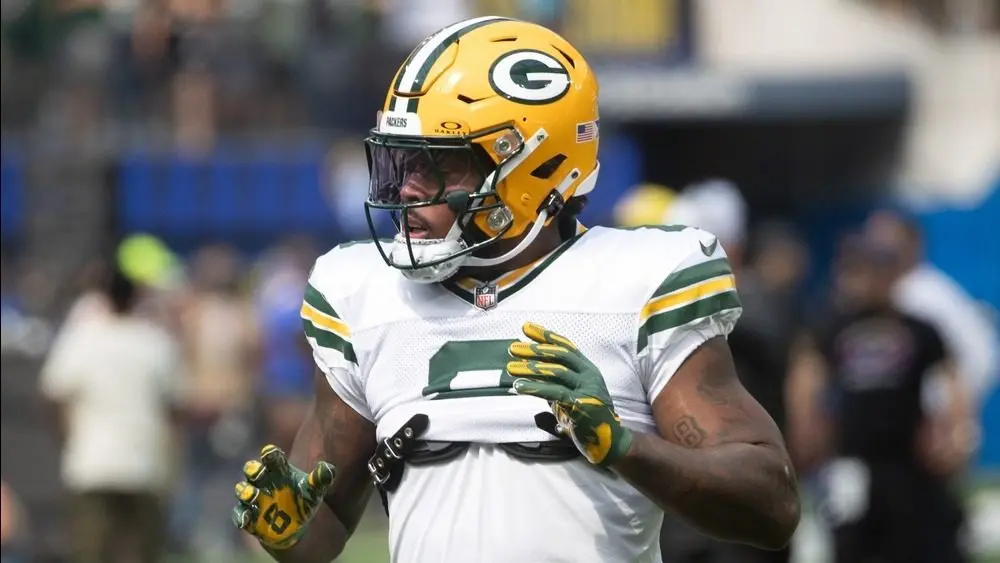 Green Bay Packers running back Josh Jacobs #8 warms up prior to an NFL football game against the Los Angeles Rams at SoFi Stadium^ Sunday^ Oct. 6^ 2024^ in Inglewood^ Calif.