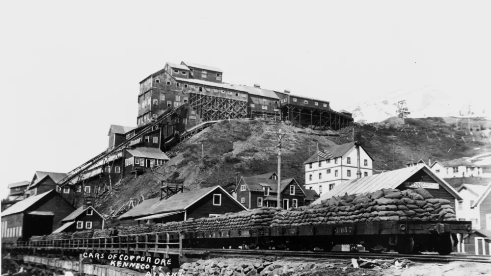 Railcars of copper ore await shipment from Kennecott Mines on the Copper River and Northwestern Railway in this undated photo. Photo from Ralph E. Mackay Collection, Alaska and Polar Regions Collections & Archives, University of Alaska Fairbanks
