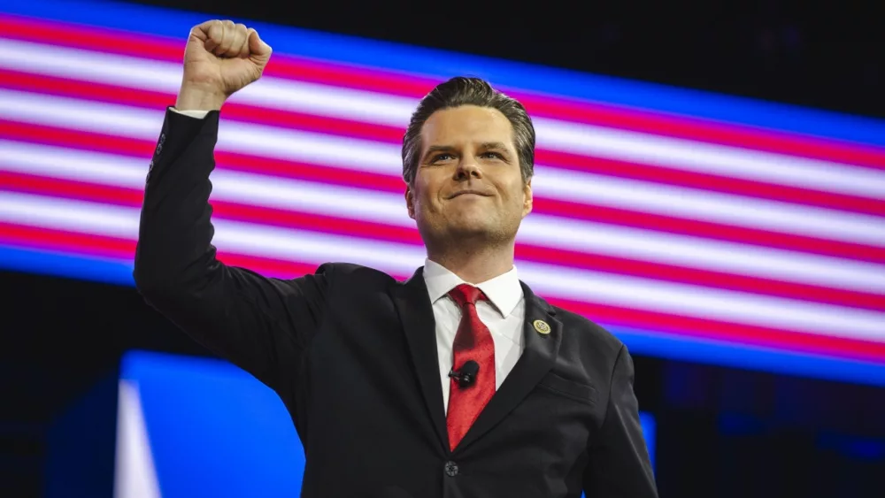 Rep. Matt Gaetz (R-Fla.) speaks at CPAC. NATIONAL HARBOR^ MD^ USA- February 24^ 2024