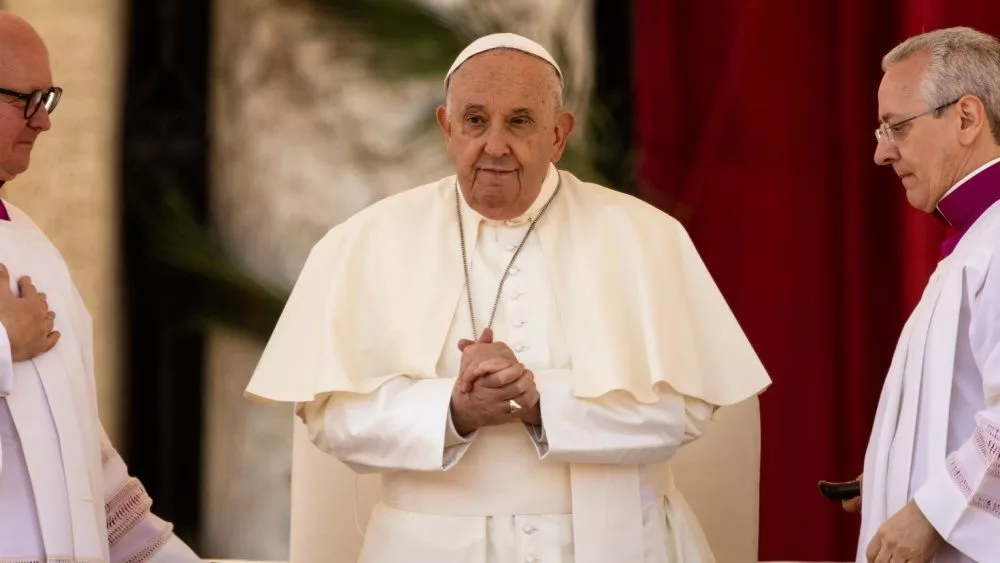 Pope Francis Bergoglio celebrates mass and greets the faithful who arrived in their thousands in St. Peter's. Palm Sunday preceding the Christian Catholic Easter. Rome Italy 03 24 2024