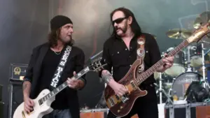 xBassplayer Ian "Lemmy" Kilmister (R) and guitarist Phil Campbell of Motorhead perform on July 4^ 2009 in Brno^ Czech Republic.