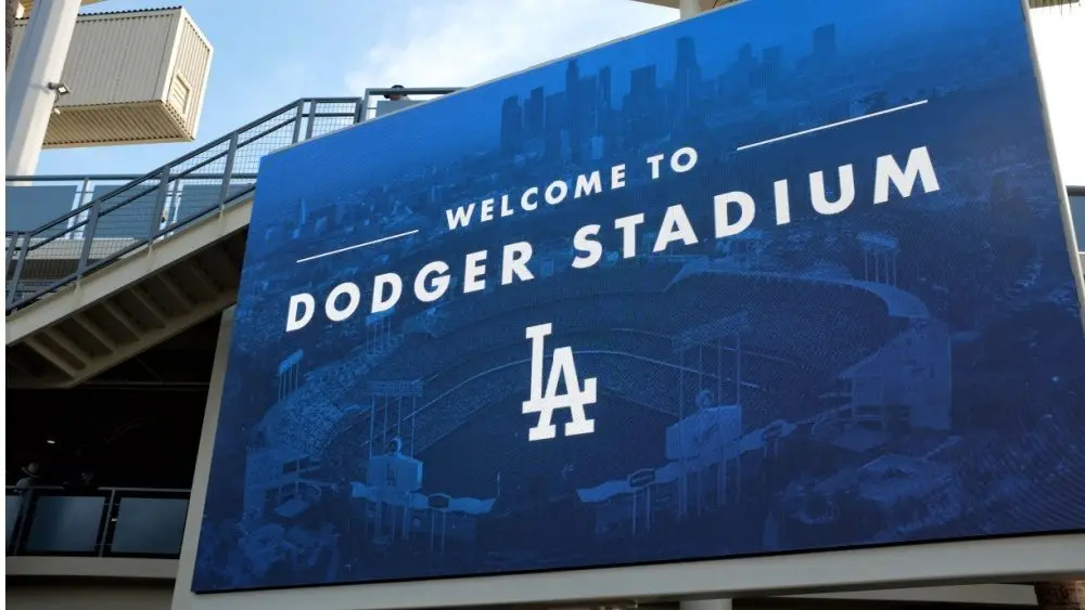 Closeup of the Welcome sign in the Outfield Plaza of Dodger Stadium. LOS ANGELES^ CALIFORNIA^ 29 JUNE 2021