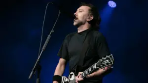 Lead singer and guitarist Tim McIlrath from Rise against perform live at Manchester Academy Uk. Manchester United Kingdom^ 22nd November 2022