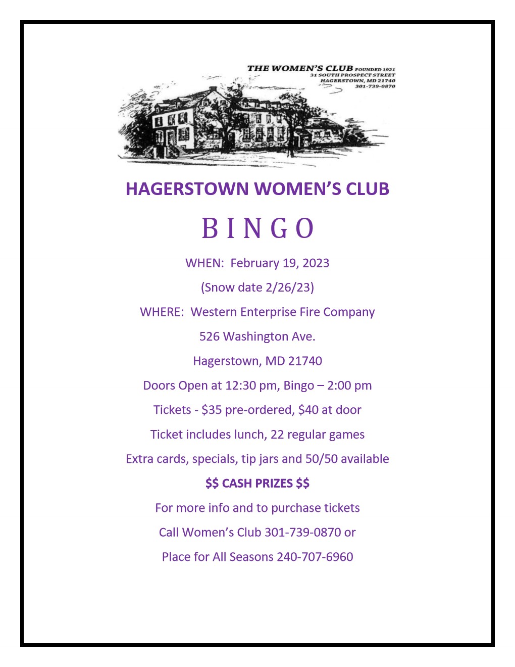 Hagerstown Women’s Club CASH Bingo 106.9 the Eagle