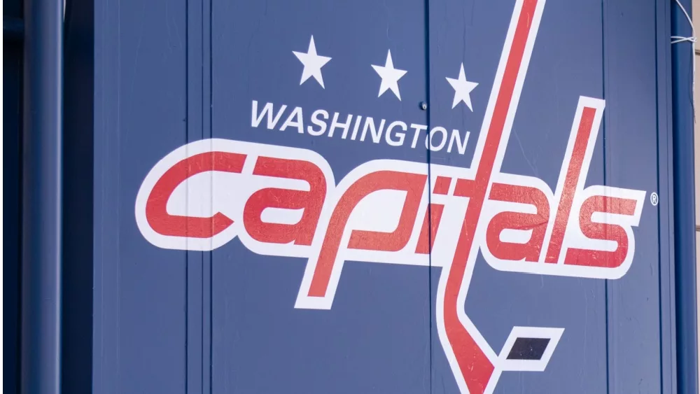 Washington Capitals logo on the side of their home arena Capital One Arena in downtown D.C.