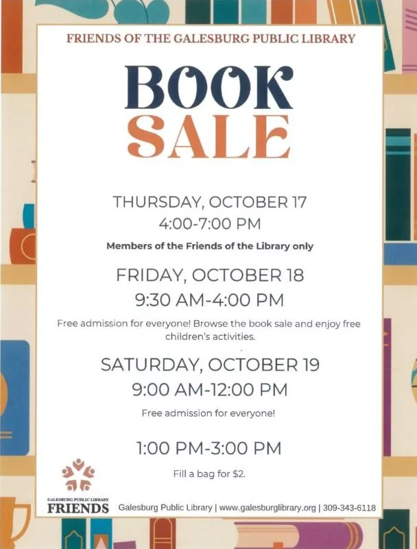 flyer with cartoon books giving the dates and time for a book sale at the galesburg public library