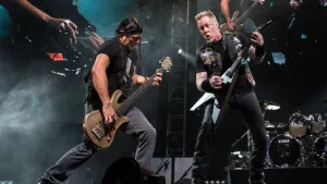 Metallica show^ Vocalist James Hetfield with Bass Guitarist Robert Trujillo performed on stage. HONG KONG - January 20^ 2017