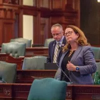 Rep. Maura Hirschauer^ D-Batavia^ speaks on the House floor on Thursday^ May 22^ 2025. (Capitol News Illinois photo by Jerry Nowicki)