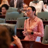 Rep. Dagmara Avelar^ D-Romeoville^ speaks on the House floor on Saturday^ May 31^ the final day of session. Avelar’s bill regarding non-FDA approved drugs passed the House this week. (Capitol News Illinois photo by Andrew Adams)