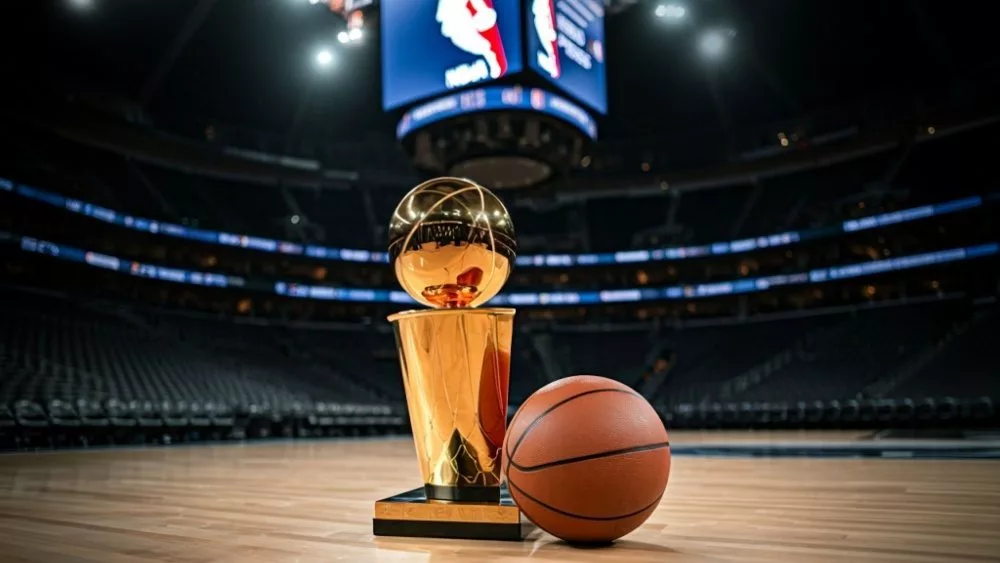 Indoor photo of photography of a basketball and next to it the larry o’brien nba championship trophy lying on a basketball court in an nba arena