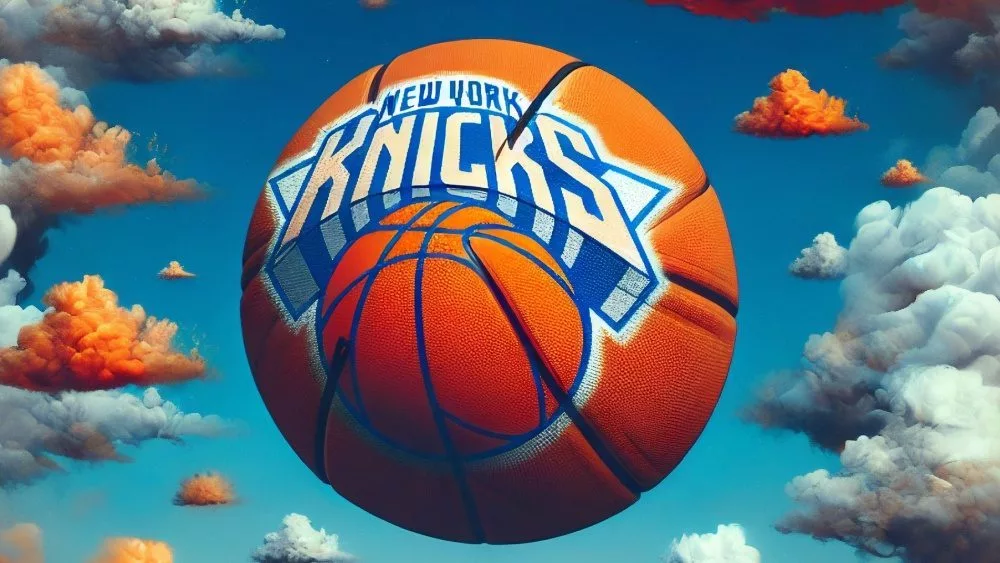 NY KNICKS LOGO on basketball floating in a AI GENERATED photo of clouds. Orange^ white and blue skies. Basketball theme. some clouds in the shape of basketballs^ some regular. New York knicks orange and blue colors