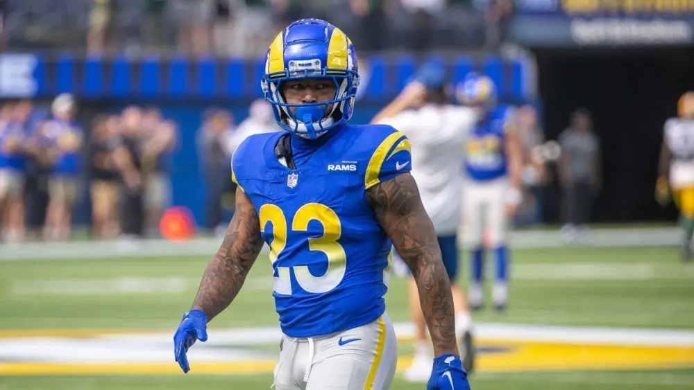 Los Angeles Rams running back Kyren Williams #23 warms up prior to an NFL football game against the Green Bay Packers at SoFi Stadium^ Sunday^ Oct. 6^ 2024^ in Inglewood^ Calif.