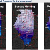 Three-panel National Weather Service map showing coldest wind chill forecasts for Saturday^ Sunday^ and Monday mornings in December 2025 across Illinois – values as low as -25° in the Galesburg area.