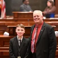Colum Morgan and State Rep. Dan Swanson on the floor of the Illinois House of Representatives
