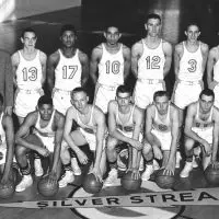 Alt text: The 1956 Galesburg Silver Streaks team photo on the Thiel Gym floor