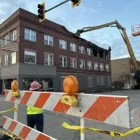Emergency demolition of fire-damaged building at 149-151 E. Main St. in downtown Galesburg^ February 2024