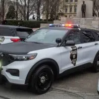 An Illinois State Police car is pictured outside the Illinois Capitol in Springfield during an event in 2022.