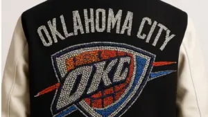 OKLAHOMA CITY THUNDER IN ALL RHINESTONES AS PATCH ON BACK OF MENS VARSITY JACKET AI-generated image / This content was generated by an Artificial Intelligence (AI) system.