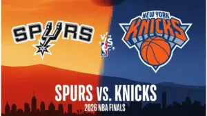 Print that states the spurs vs. the knicks for the 2026 basketball finals. Displays logos for both teams on orange/blue background. (This content was generated by an Artificial Intelligence (AI) system.)