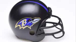 Mini Collectable Football Helmet for the Baltimore Ravens of the American Football Conference North.IRVINE^ CALIFORNIA - AUGUST 30^ 2018: