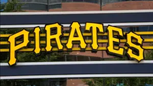Pirates sign at PNC Park is the home of Major League Baseball's sports team Pittsburgh Pirates. PITTSBURGH^ PENNSYLVANIA - August 10^ 2024
